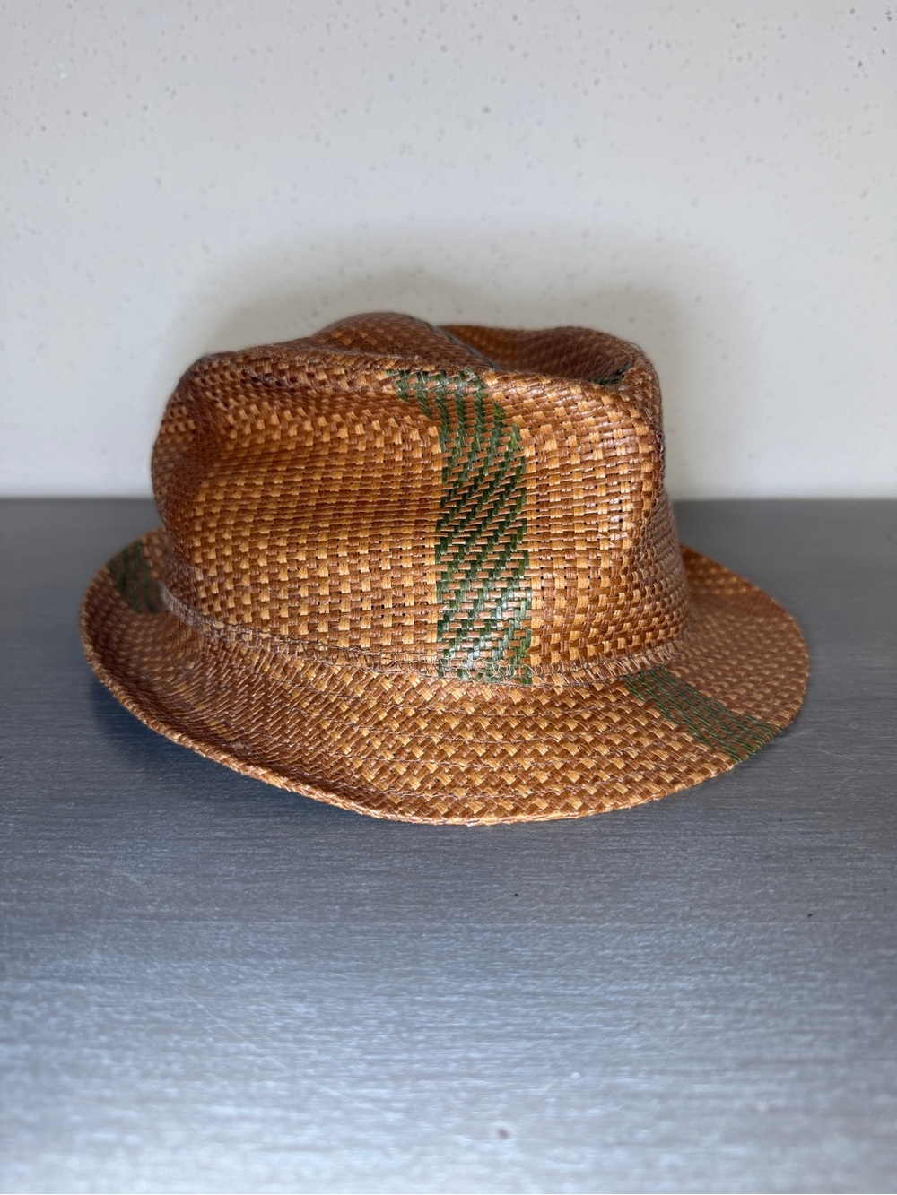 Henschel Hat Co. Tan Straw Fedora Green Stripe USA Made Summer Hat Size Large